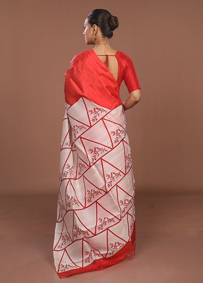 Red Printed Silk Saree Without Blouse Piece