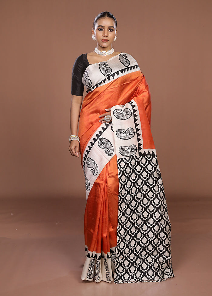 Rust Printed Silk Saree Without Blouse Piece