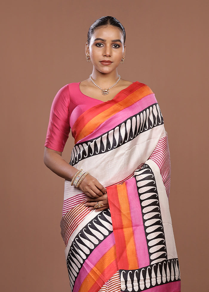 Cream Printed Silk Saree Without Blouse Piece