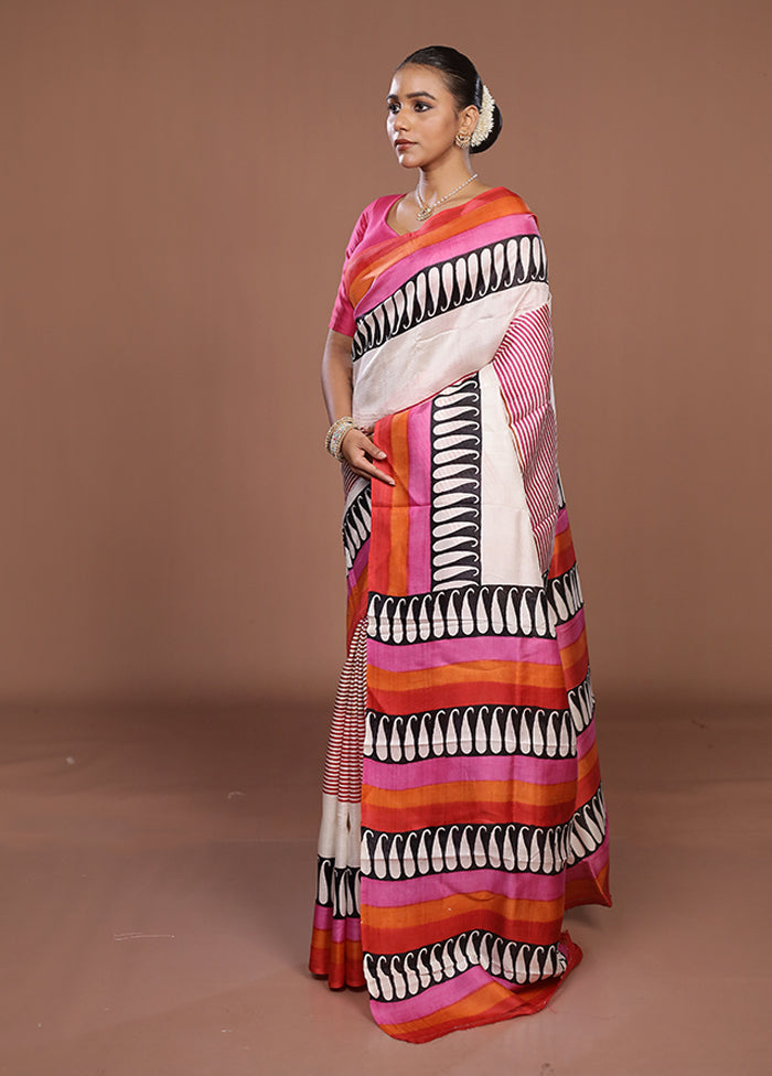 Cream Printed Silk Saree Without Blouse Piece