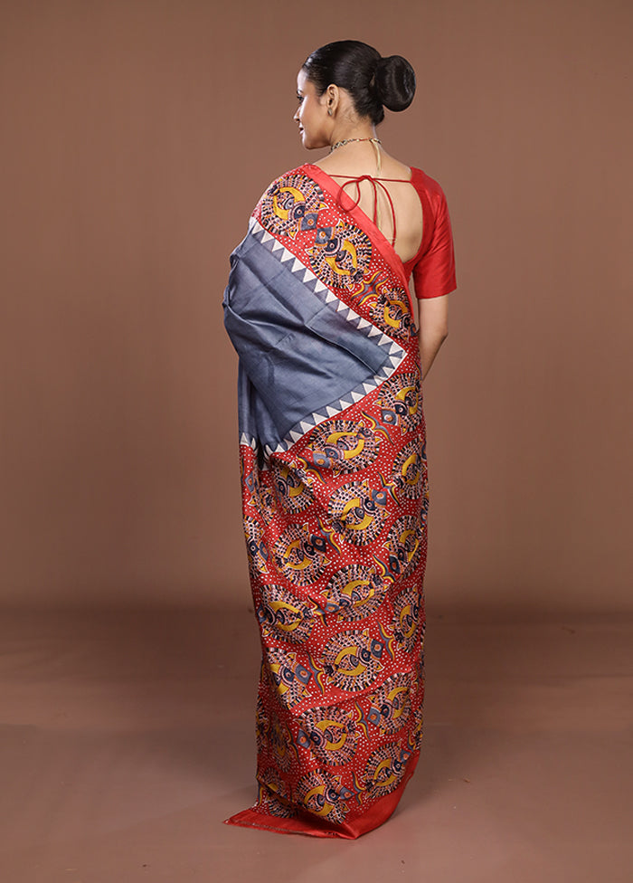 Grey Printed Silk Saree Without Blouse Piece