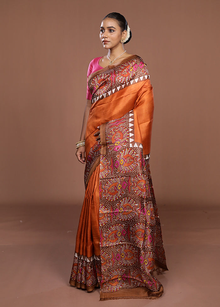 Rust Printed Silk Saree Without Blouse Piece