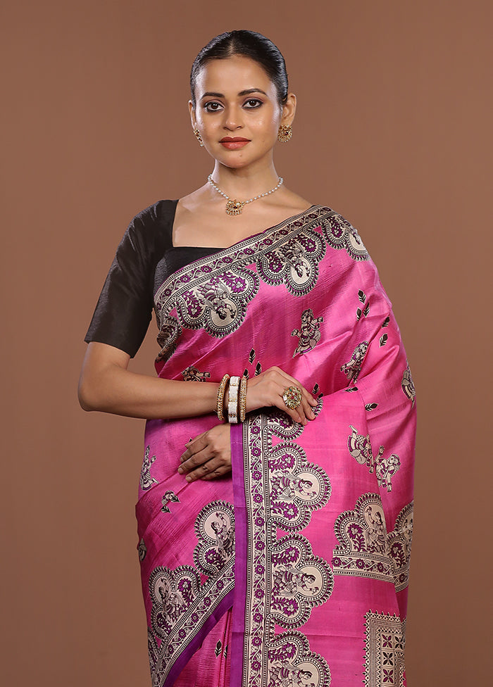 Pink Printed Silk Saree Without Blouse Piece