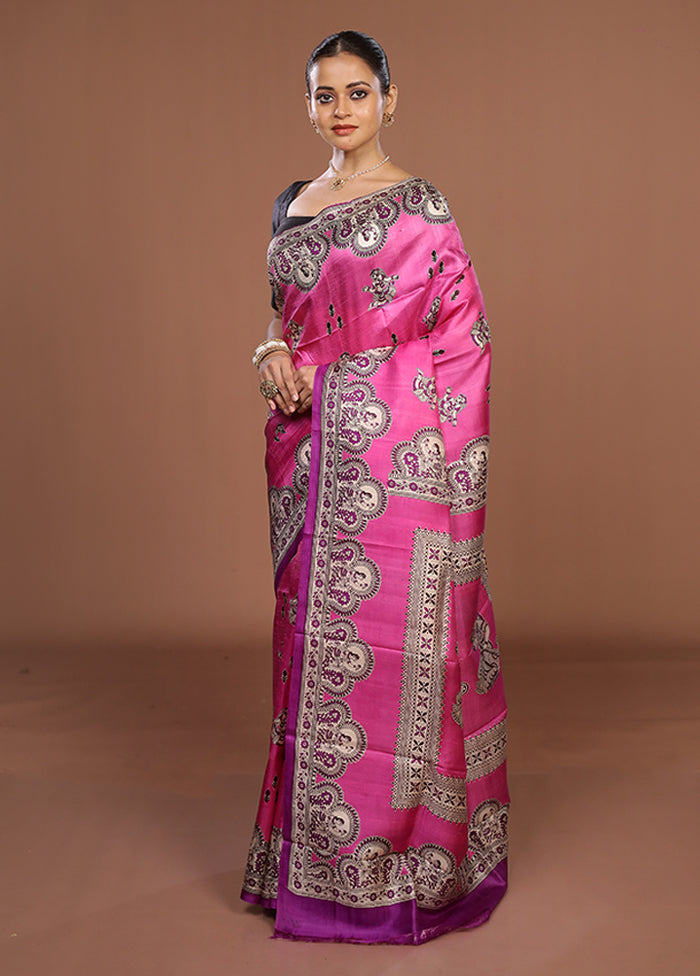 Pink Printed Silk Saree Without Blouse Piece