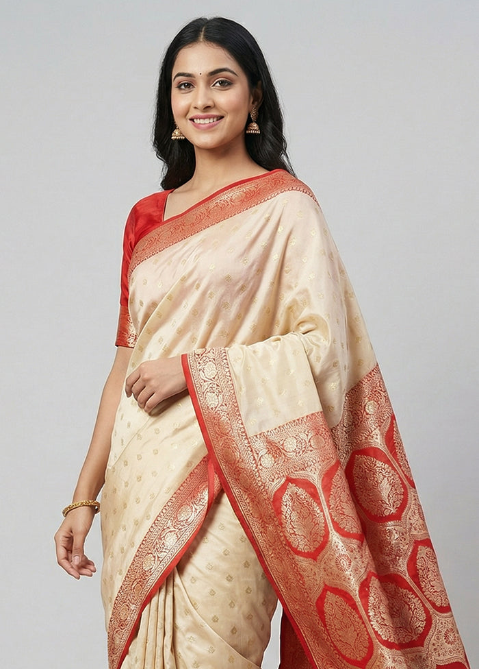Cream Katan Silk Saree With Blouse Piece