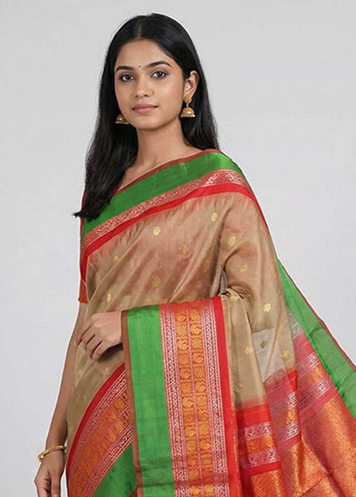 Cream Gadwal Pure Silk Saree Without Blouse Piece