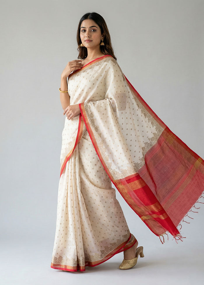 White Dupion Silk Saree With Blouse Piece