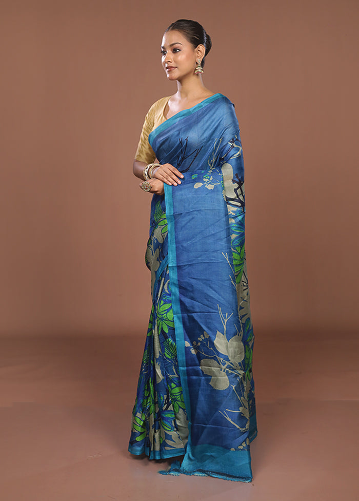 Blue Printed Silk Saree Without Blouse Piece