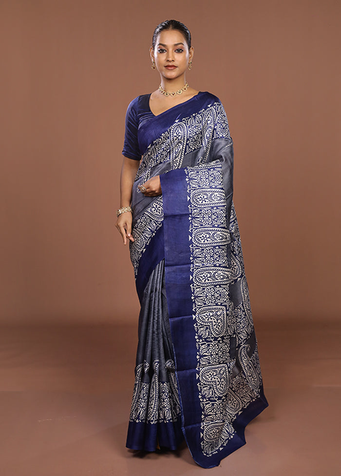 Blue Printed Silk Saree Without Blouse Piece