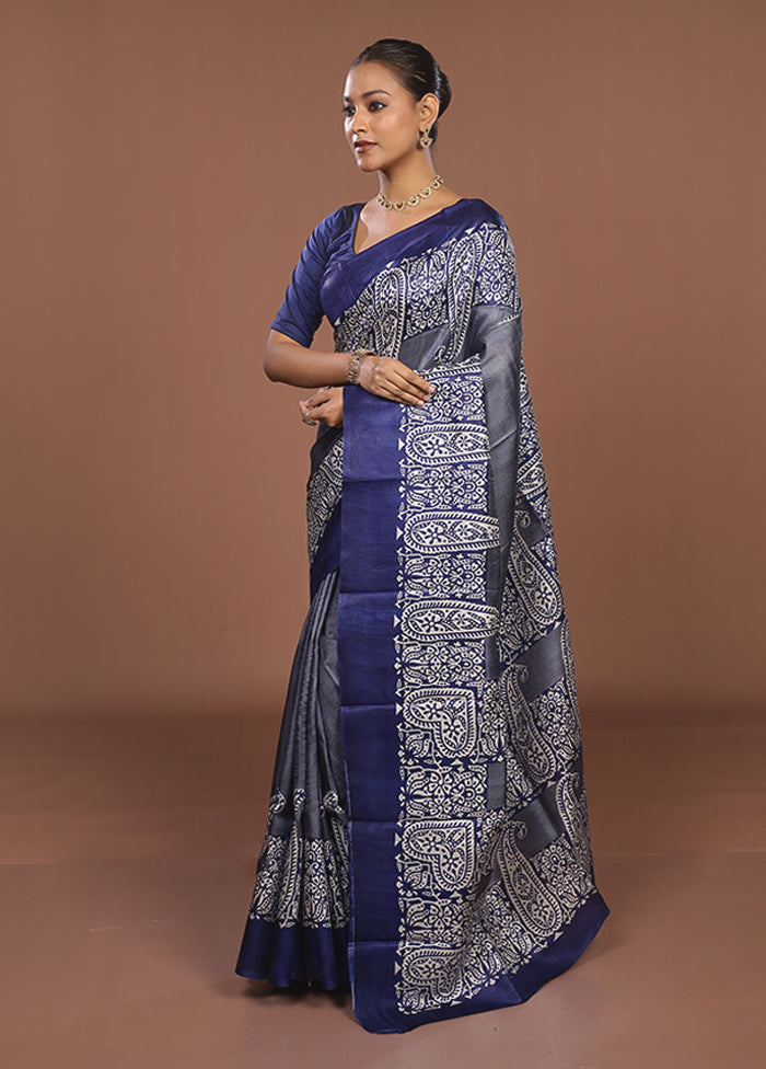 Blue Printed Silk Saree Without Blouse Piece