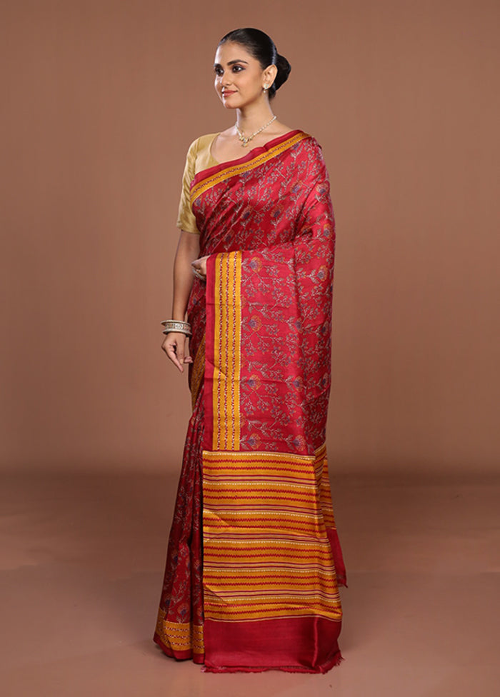 Red Printed Silk Saree Without Blouse Piece