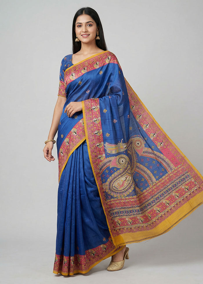 Blue Printed Silk Saree Without Blouse Piece