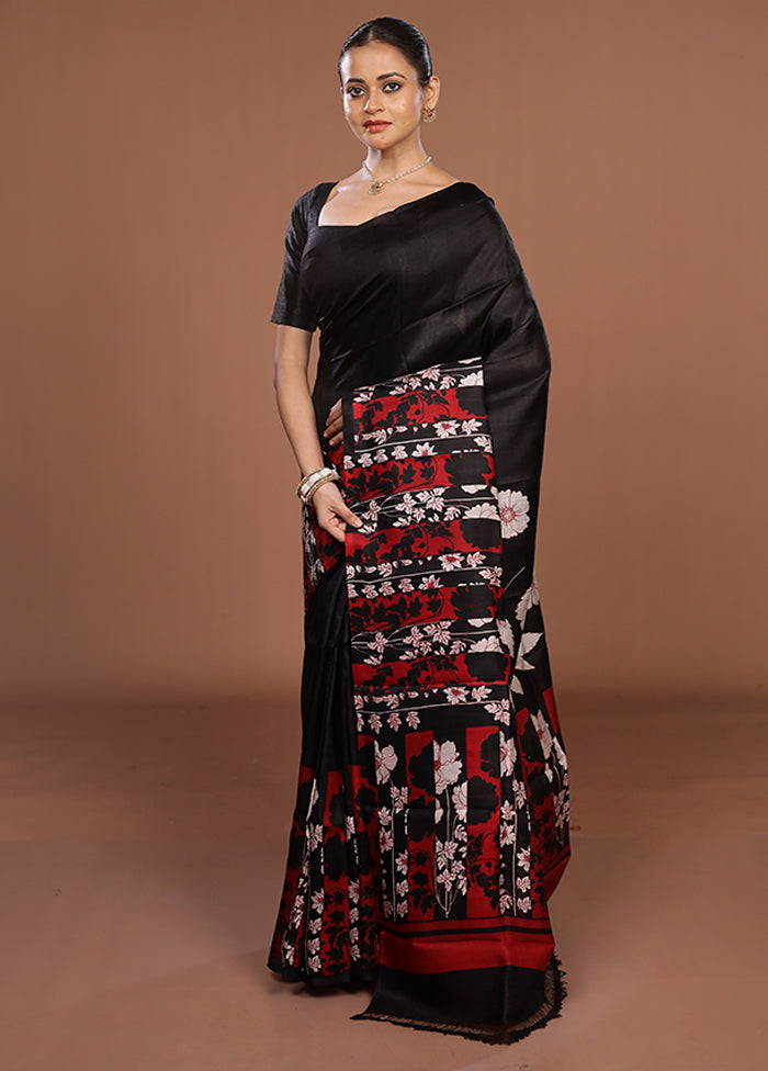 Black Printed Silk Saree Without Blouse Piece