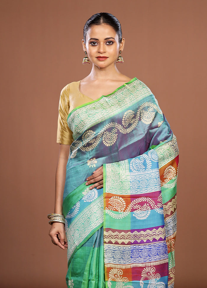 Blue Printed Silk Saree Without Blouse Piece