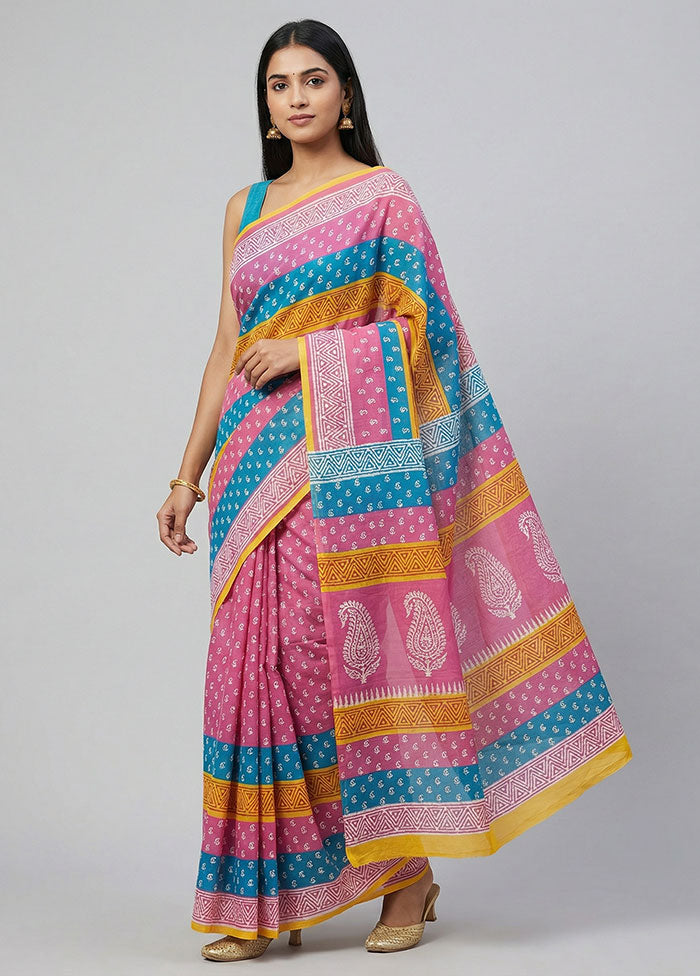 Pink Printed Silk Saree Without Blouse Piece