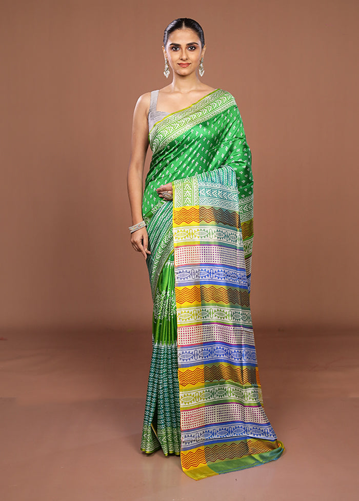 Green Printed Silk Saree Without Blouse Piece