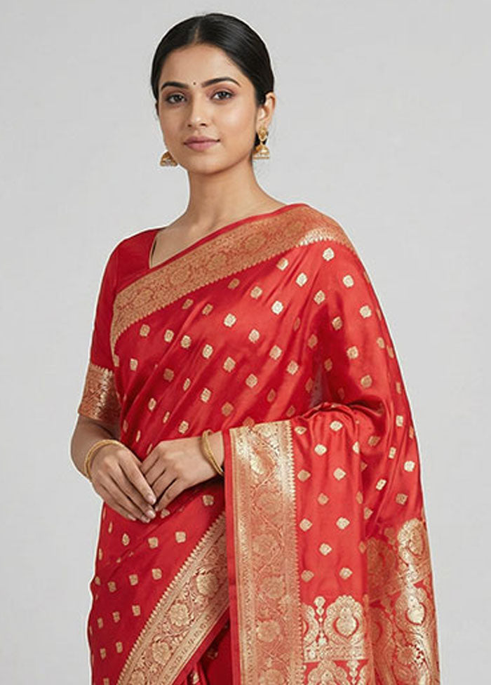 Red Banarasi Silk Saree With Blouse Piece
