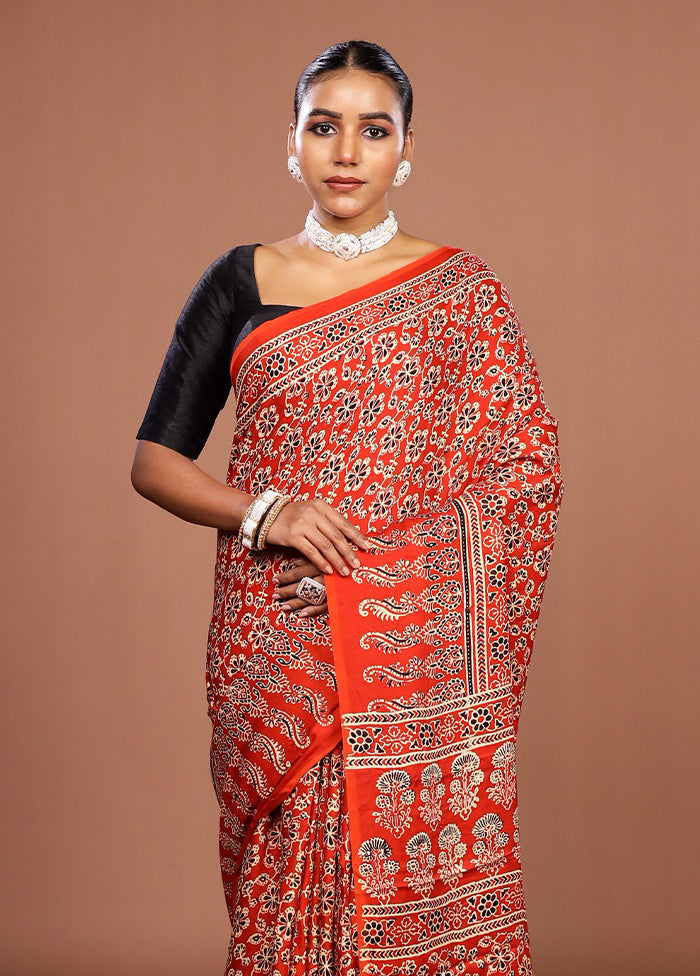 Orange Printed Silk Saree Without Blouse Piece