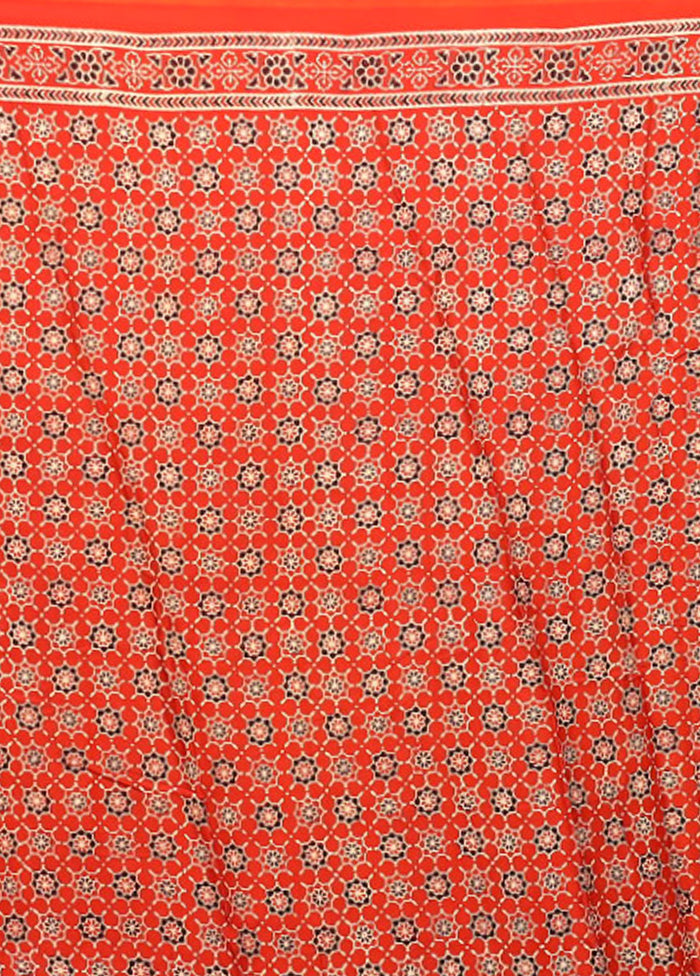 Orange Printed Silk Saree Without Blouse Piece