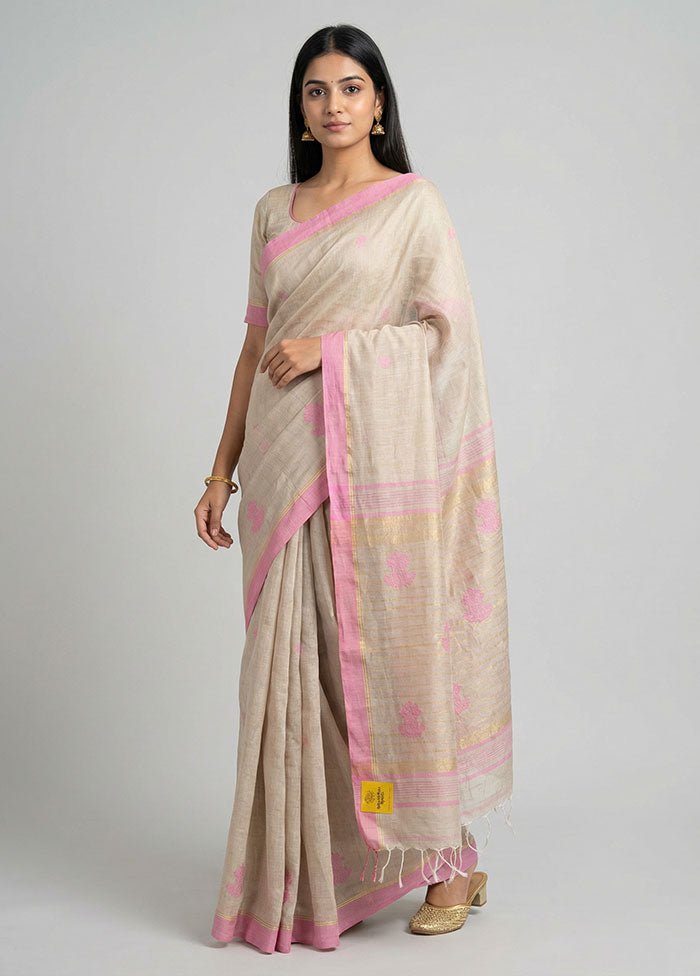 Cream Linen Silk Saree With Blouse Piece