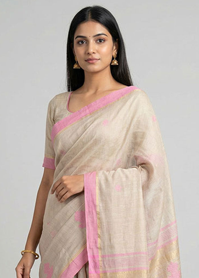 Cream Linen Silk Saree With Blouse Piece