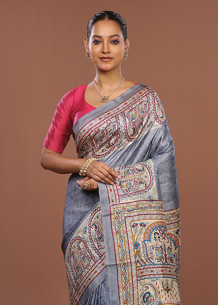 Grey Printed Silk Saree With Blouse Piece