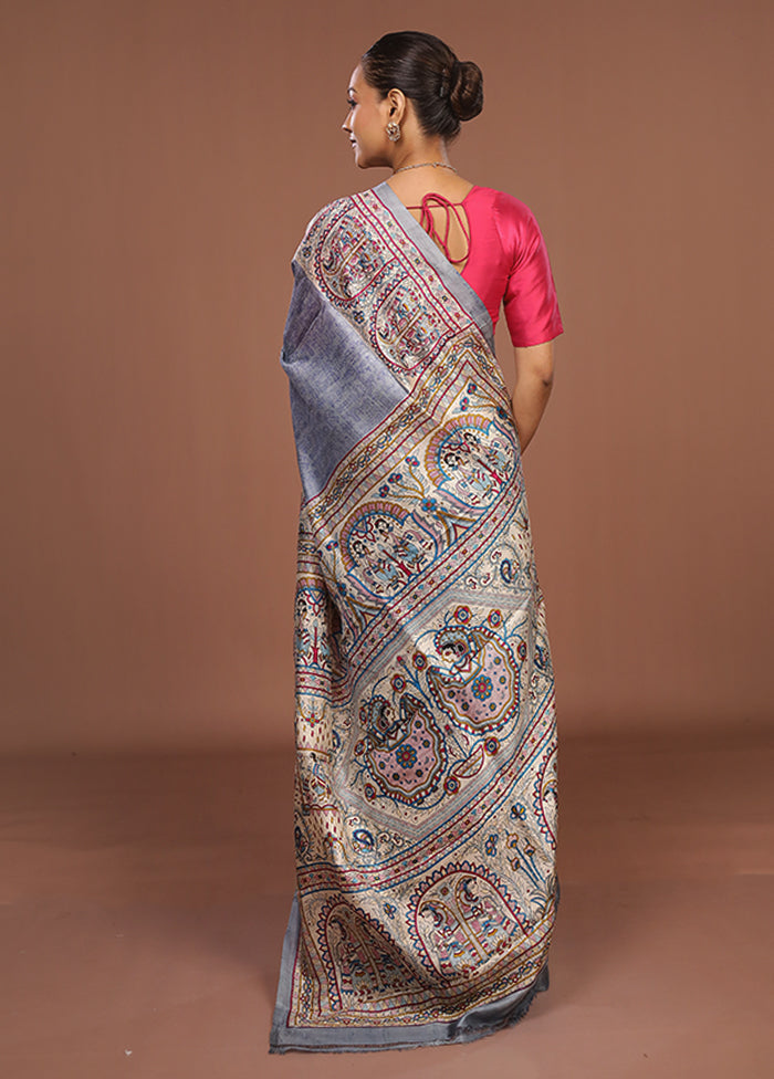 Grey Printed Silk Saree With Blouse Piece