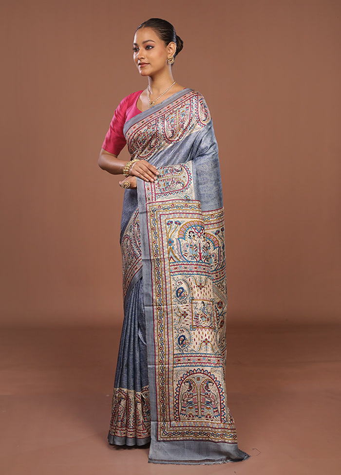 Grey Printed Silk Saree With Blouse Piece