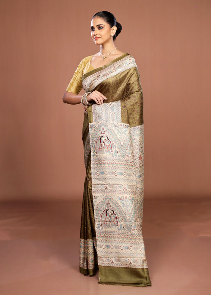 Green Printed Silk Saree Without Blouse Piece