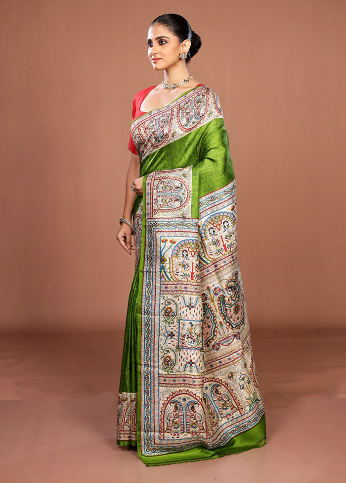 Green Printed Silk Saree Without Blouse Piece