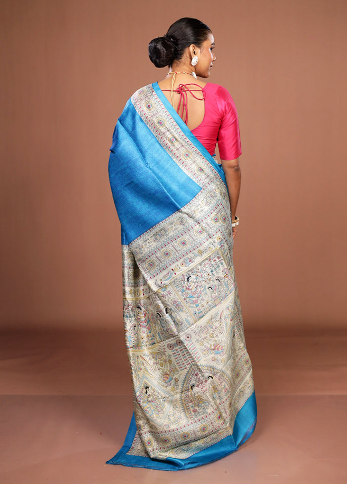 Blue Printed Silk Saree Without Blouse Piece
