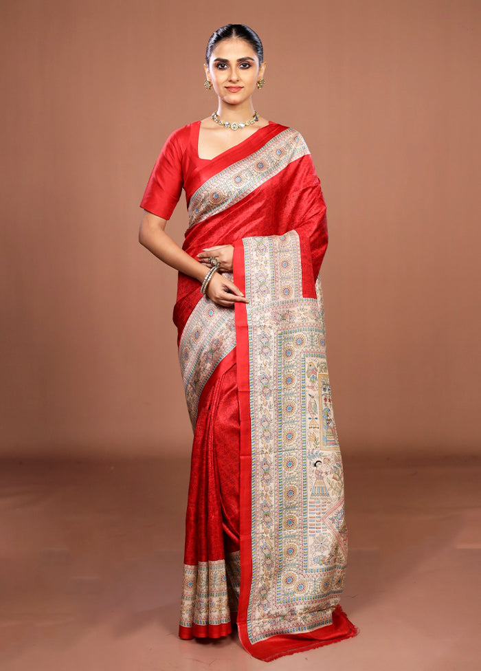 Red Printed Silk Saree Without Blouse Piece