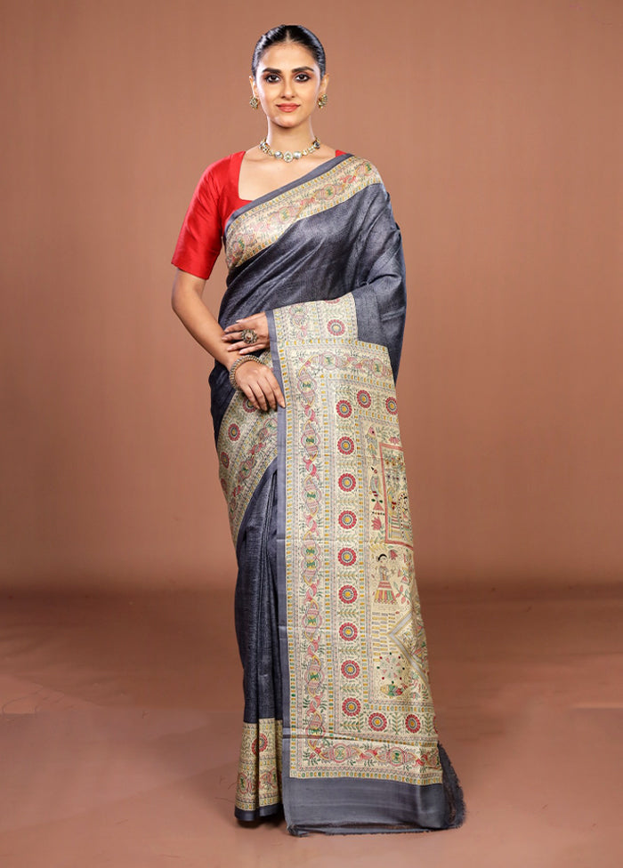 Grey Printed Silk Saree Without Blouse Piece