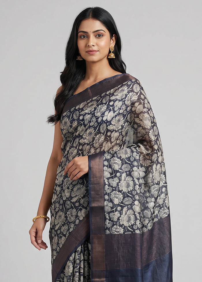 Black Handloom Tussar Pure Silk Saree With Blouse Piece