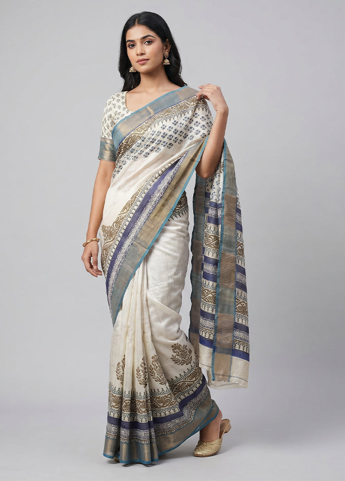 White Handloom Tussar Pure Silk Saree With Blouse Piece