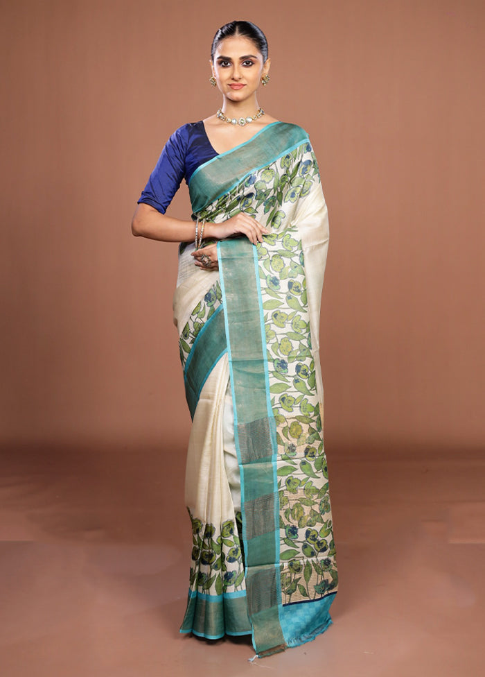 White Handloom Tussar Pure Silk Saree With Blouse Piece