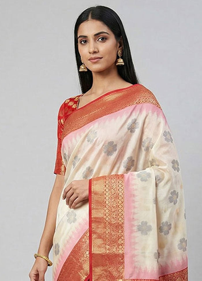 White Dupion Silk Saree With Blouse Piece