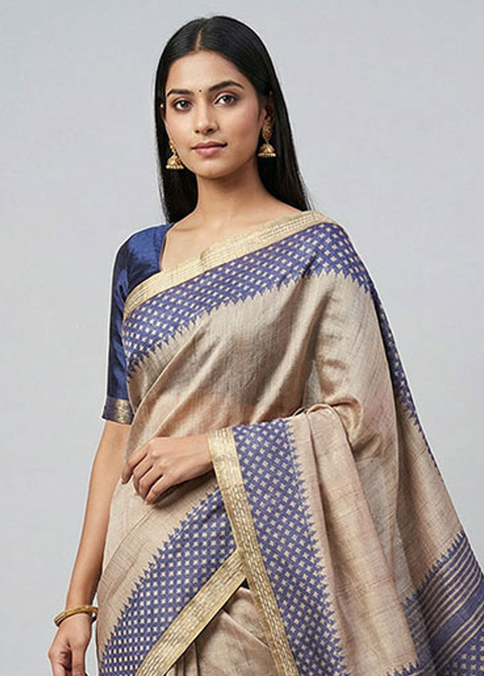 Cream Tussar Silk Saree With Blouse Piece
