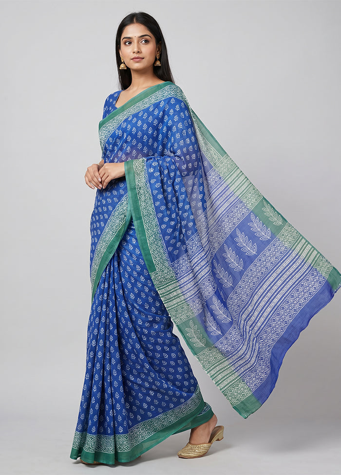 Blue Chanderi Cotton Saree With Blouse Piece