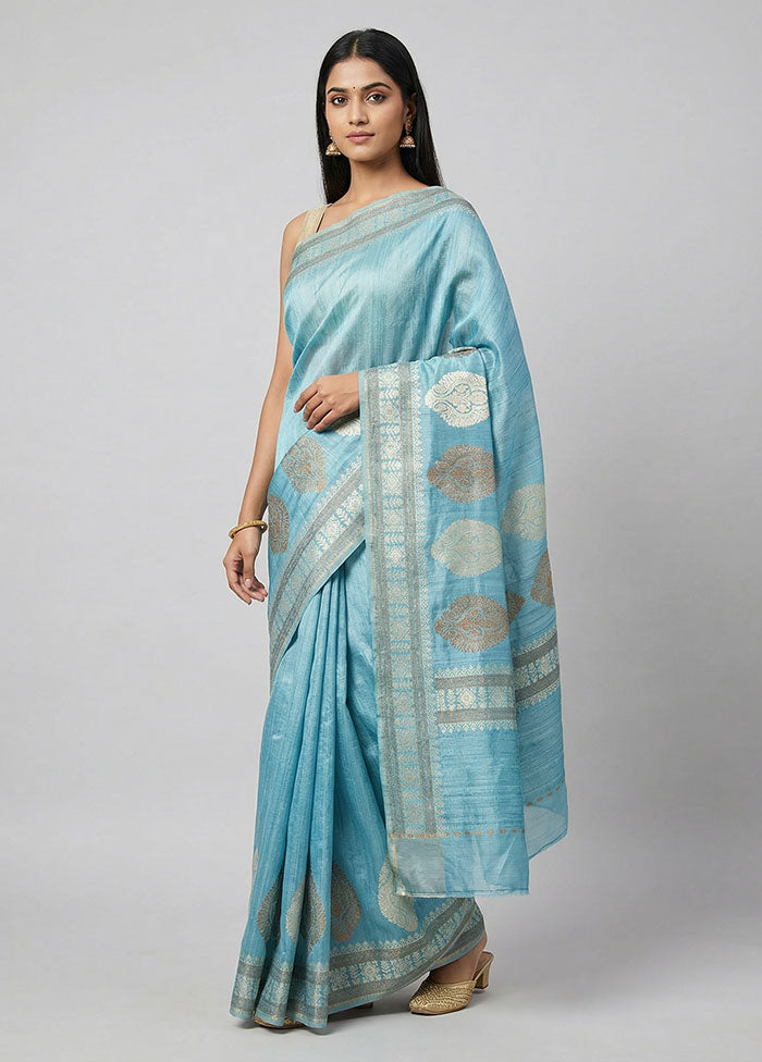 Blue Handloom Tussar Pure Silk Saree With Blouse Piece
