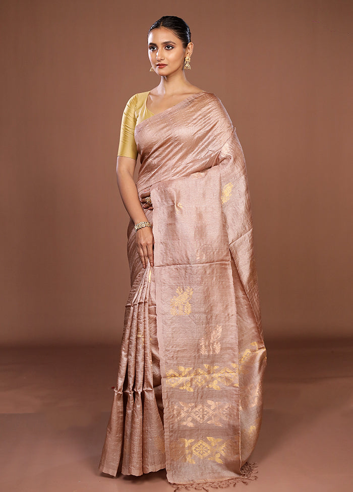 Cream Tussar Pure Silk Saree With Blouse Piece