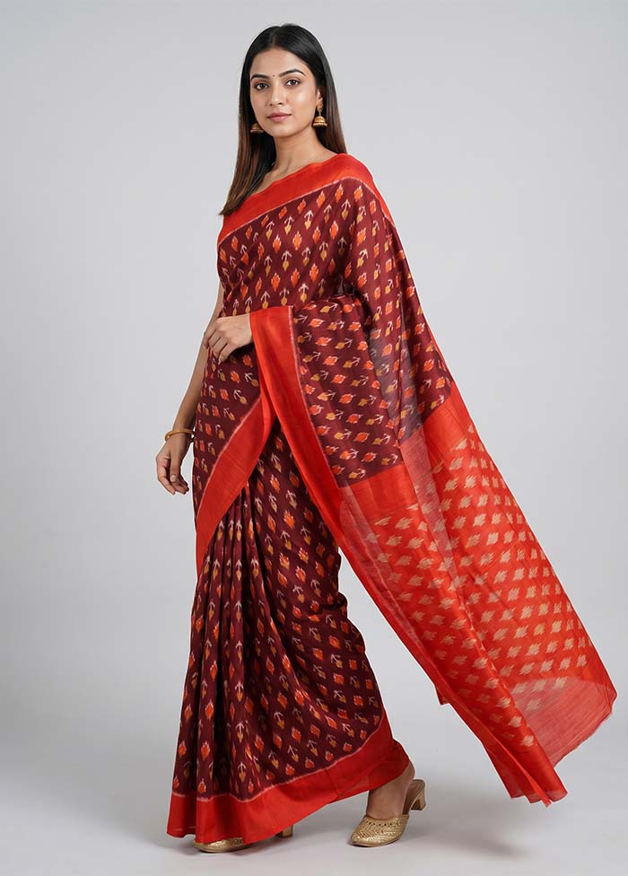 Maroon Ikkat Silk Saree With Blouse Piece