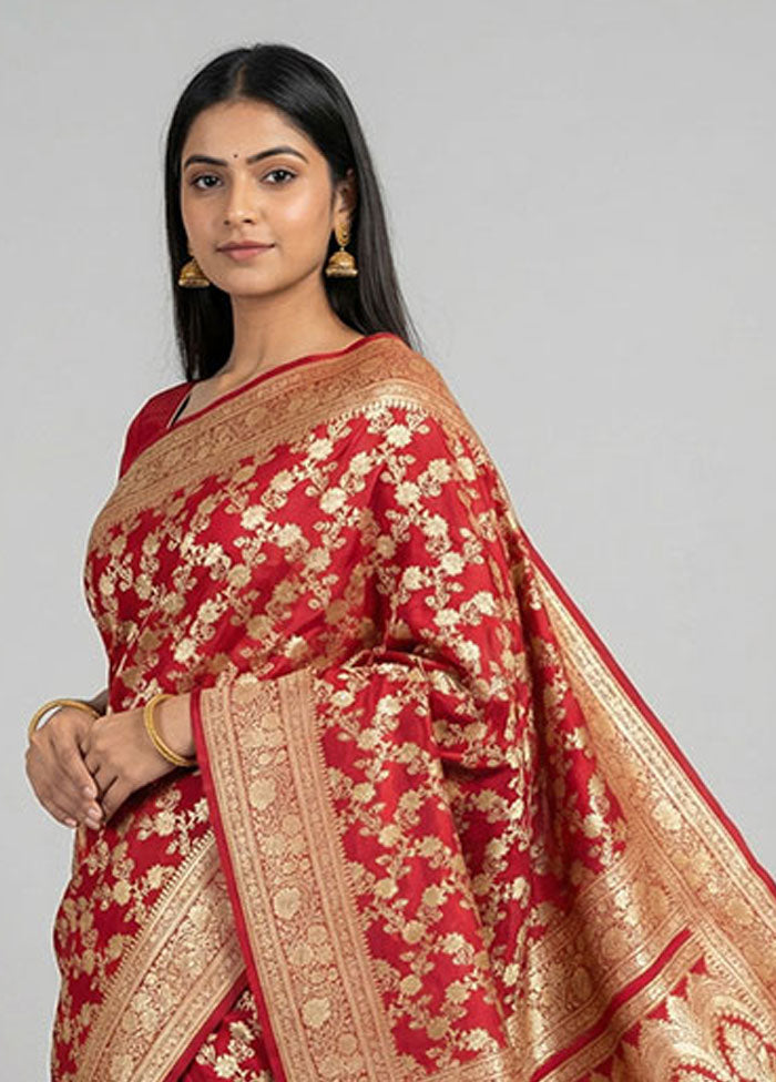 Red Handloom Banarasi Pure Silk Saree With Blouse Piece
