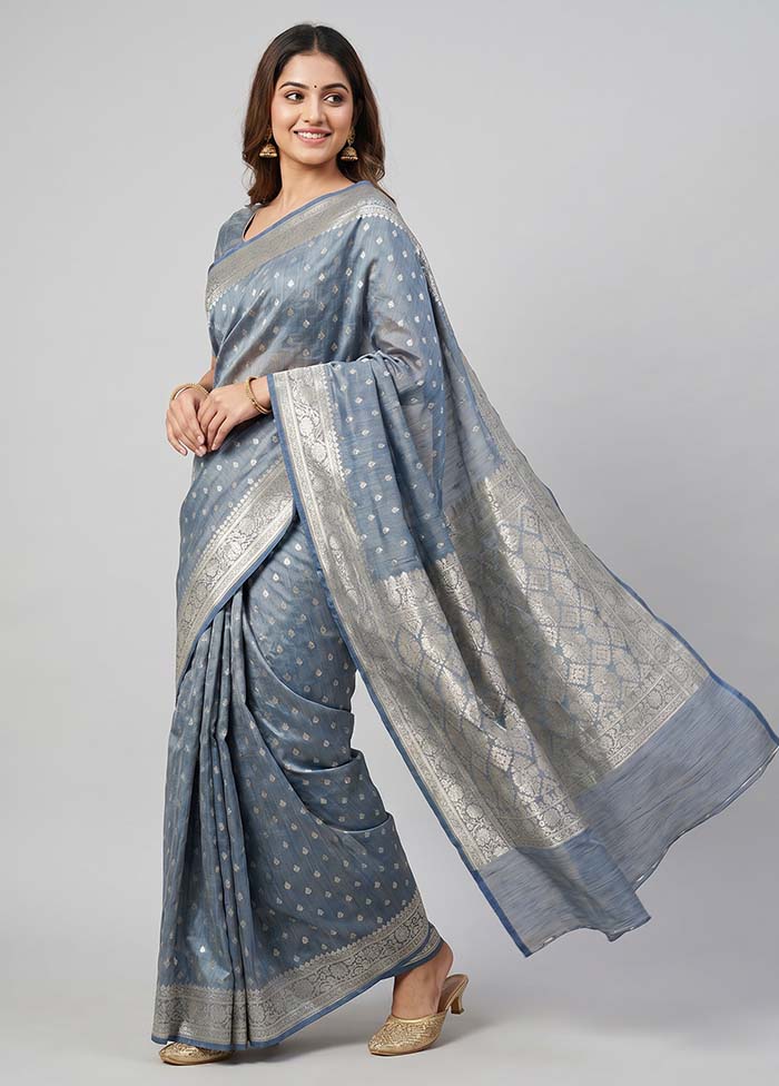 Blue Tussar Silk Saree With Blouse Piece