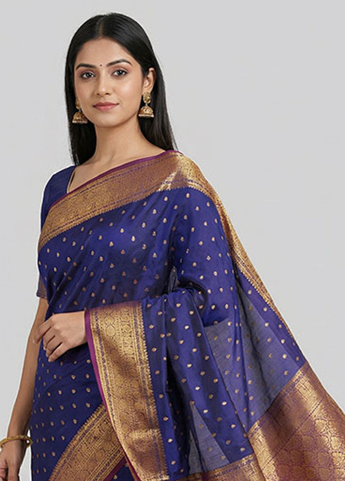 Blue Handloom Kanjivaram Pure Silk Saree With Blouse Piece