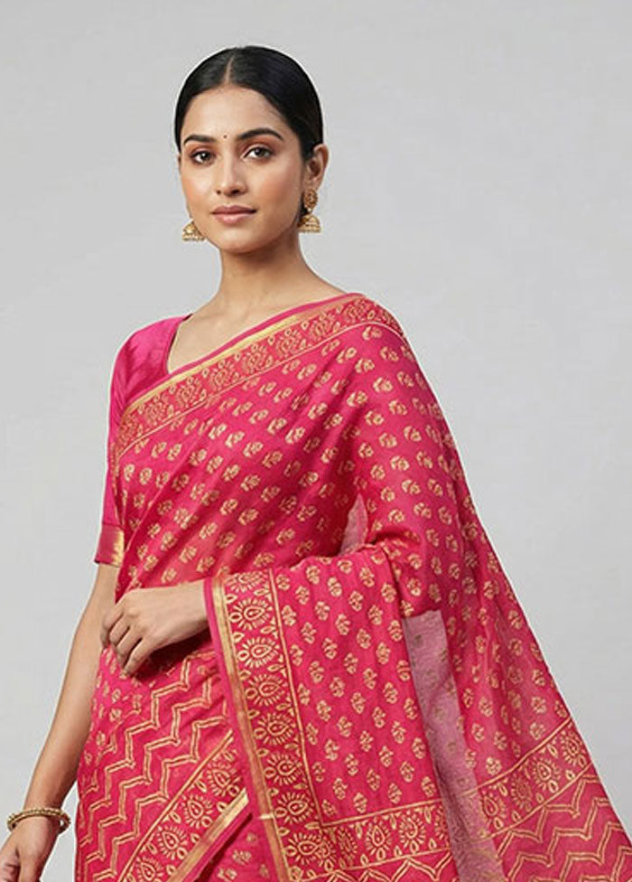 Pink Chanderi Silk Saree With Blouse Piece