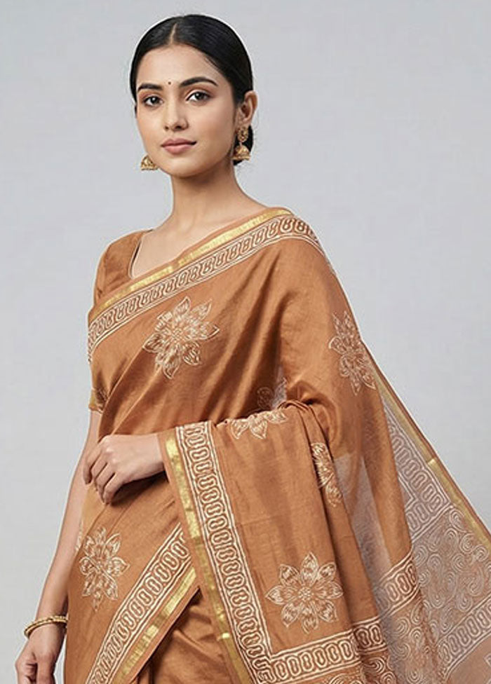 Brown Chanderi Silk Saree With Blouse Piece
