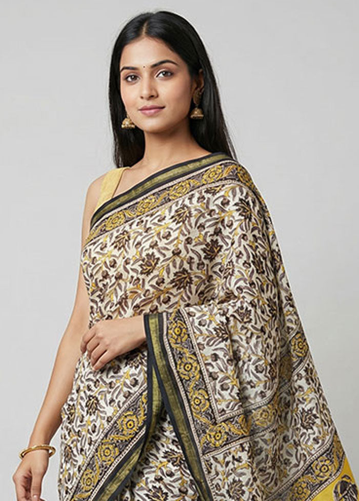 White Chanderi Silk Saree With Blouse Piece