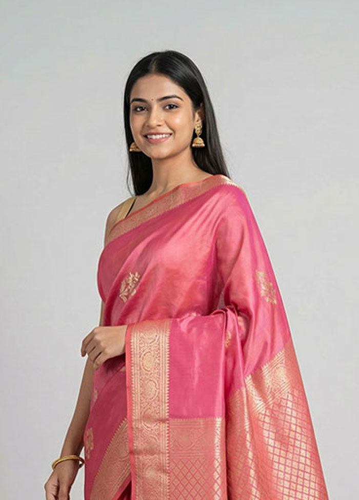 Pink Handloom Kanchipuram Pure Silk Saree With Blouse Piece
