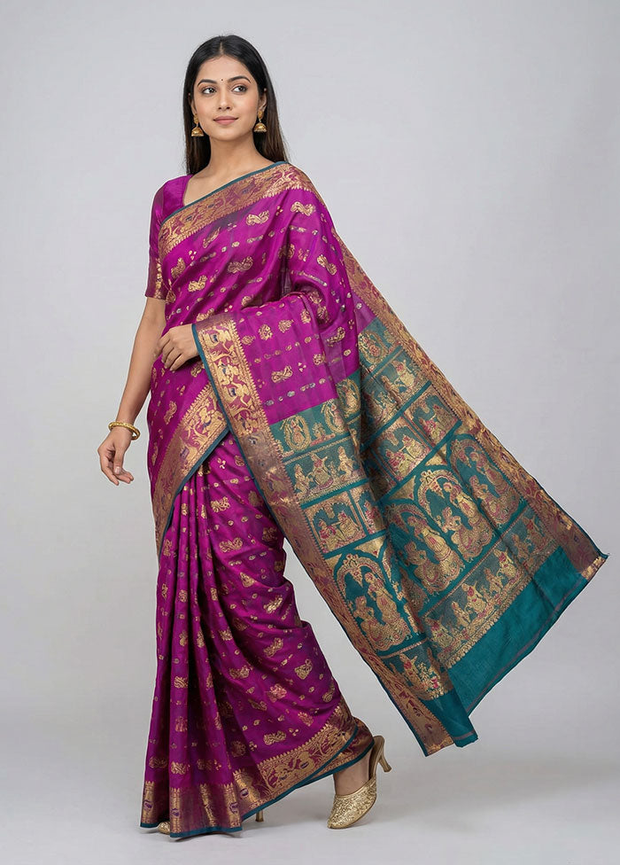 Purple Handloom Baluchari Pure Silk Saree With Blouse Piece